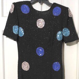 Vintage Leslie Fay Evenings Black Beaded Polka Dot Gown Sz 10